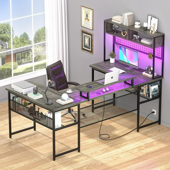 U Shaped Desk with Hutch, Reversible Office Desk with Power Outlets and LED Strip, Large L Shaped Table with Monitor Stand and Storage Shelves, 83 Inch U Shape Gaming Desk