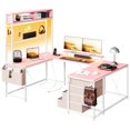 thumbnail image 1 of U Shaped Desk with Monitor Stand and LED Lights, Large Gaming Computer Desk with Storage Shelves and Power Outlets, Home Office Desk Writing Study Table and 4 Drawers, Pink, 1 of 7