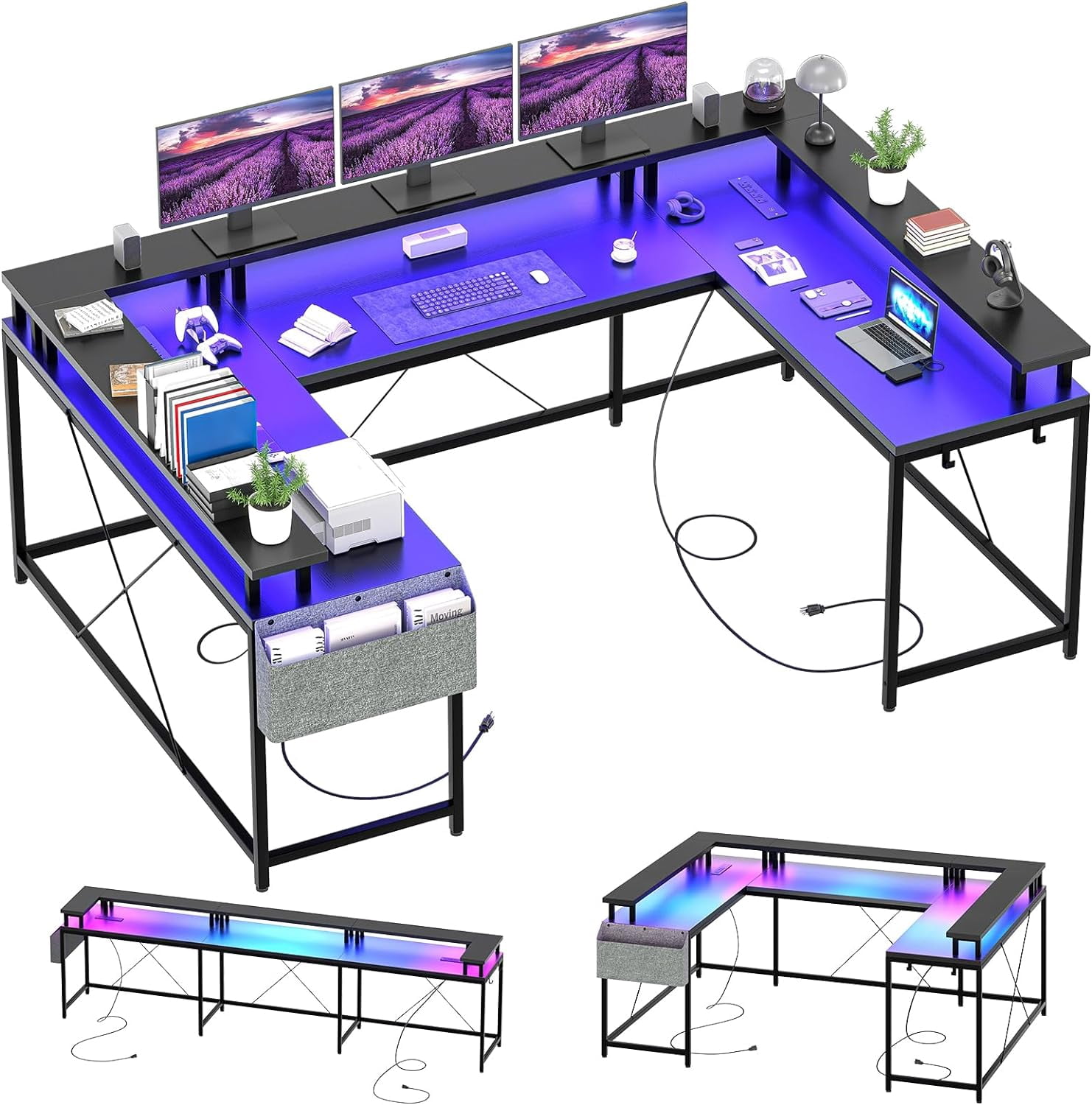 U Shaped Desk with Power Outlets & LED Lights, 79" Reversible L Shaped Desk, Corner Computer Desk Office Desk with Full Monitor Stand, Black