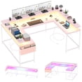 thumbnail image 1 of U Shaped Desk with Power Outlets & LED Lights & Monitor Stand, 126" Reversible Shaped Large Computer Desk with Storage Bag and Hooks, Pink, 1 of 7
