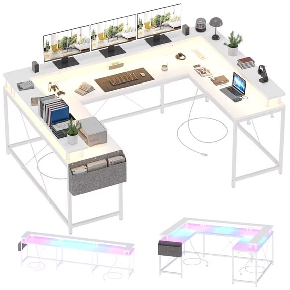 U Shaped Desk with Power Outlets & LED Lights & Monitor Stand, 126" Reversible Shaped Large Computer Desk with Storage Bag and Hooks, White
