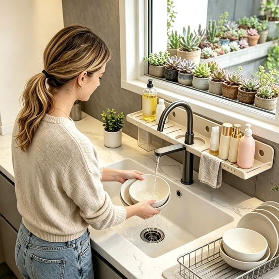 U Shaped Faucet Shelf Wall Mounted Bathroom Caddy Carbonsteel Organizer Rack For Kitchen Sink Area Over Faucet(Beige-50Cm)