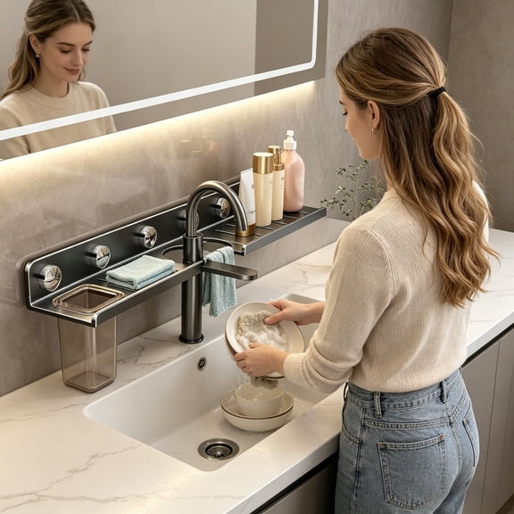 U Shaped Faucet Shelf Wall Mounted Bathroom Caddy Carbonsteel Organizer Rack For Kitchen Sink Area Over Faucet(Black-50Cm)