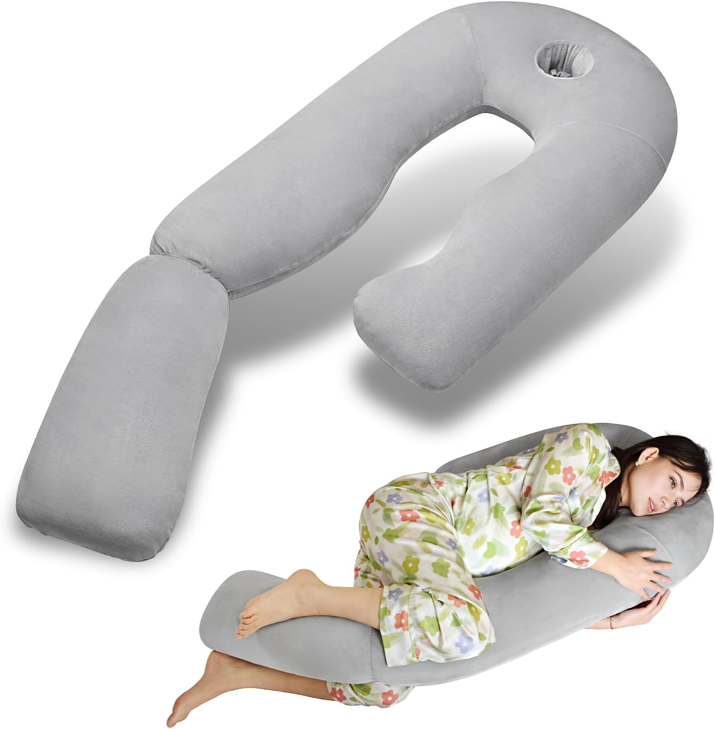 U-Shaped Full Body Pillow for Side Sleepers – 51-Inch Cooling Pregnancy with Ear Piercing Design Neck, Back, and Hip Support Removable Washable Cover Space-Saving