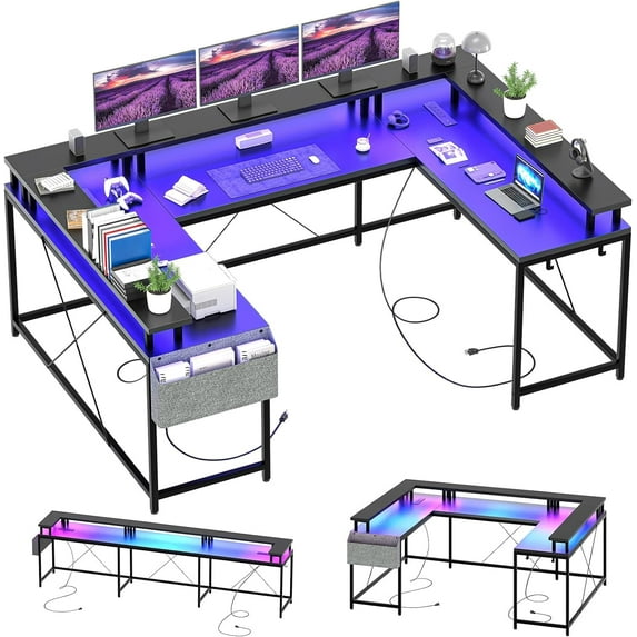 U Shaped Gaming Desk with RGB Lights - 60" Large Computer Desk with Power Outlets & USB Ports, Sturdy l-Shaped Corner Desk for Home Office, Ergonomic Workstation with Flip-Up Tabletop