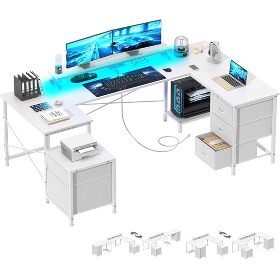 U Shaped Gaming Desk, Reversible L Shaped Computer Desk with Power Outlets & USB Ports, LED Strip & Monitor Stand with Fabric Drawers, Large Corner Desk with Storage Shelves for Home Office, White