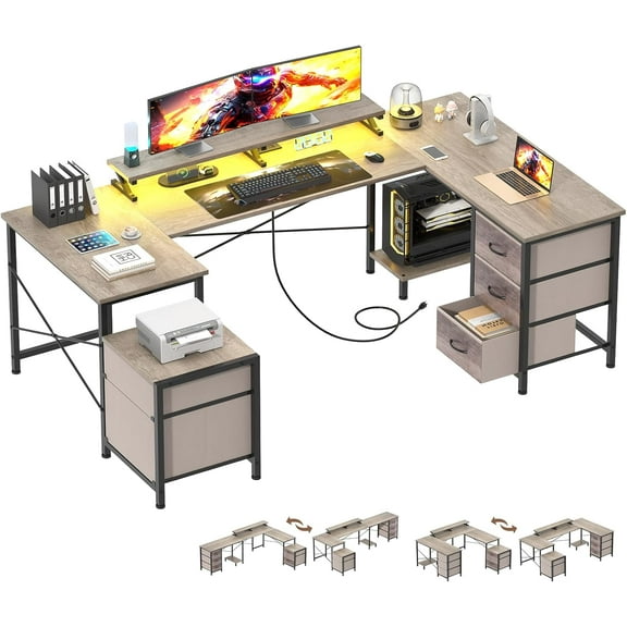 U Shaped Gaming Desk, Reversible L Shaped Computer Office Desk with Drawers, Monitor Stand, LED Lights, Corner Gamer Desk Table with Power Outlets & USB Ports, Grey