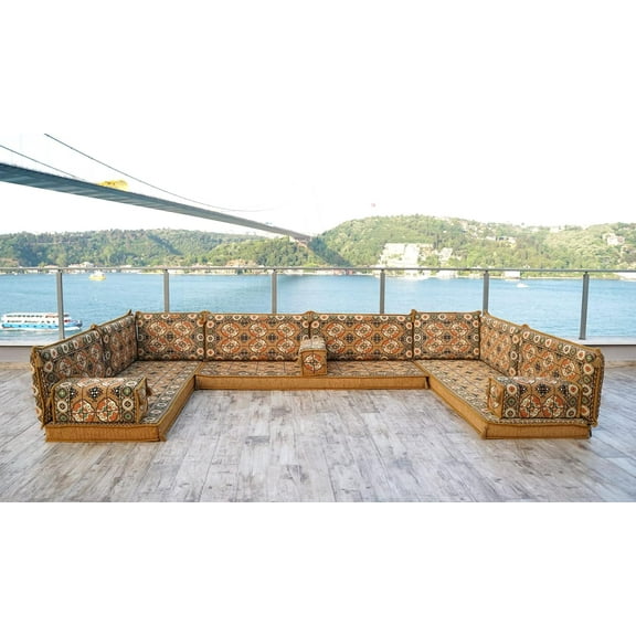 U Shaped Gold Arabic Sofa, Turkish Sofa Set with Floor Cushions, Sleeper Couch, Diwan Sofa, Convertible Sofa, Floor Pillow for Adults