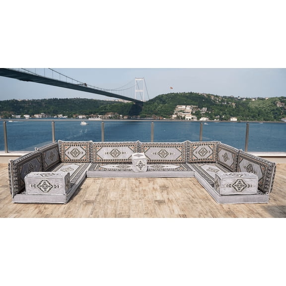 U Shaped Gray Arabic Sofa, Turkish Sofa Set with Floor Cushions, Sleeper Couch, Diwan Sofa, Convertible Sofa, Floor Pillow
