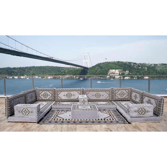 U Shaped Gray Arabic Sofa, Turkish Sofa Set with Floor Cushions, Sleeper Couch, Diwan Sofa, Convertible Sofa, Floor Pillow