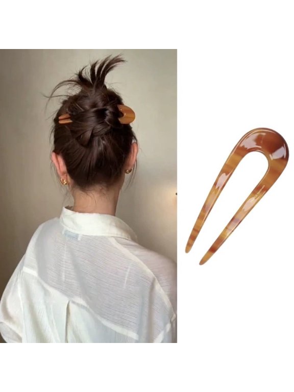 U-Shaped Hair Pin Cellulose Acetate French Fork, Tortoise Shell Chignon Stick for Bun Updo, No-Slip Hair Accessories for Women (Amber)