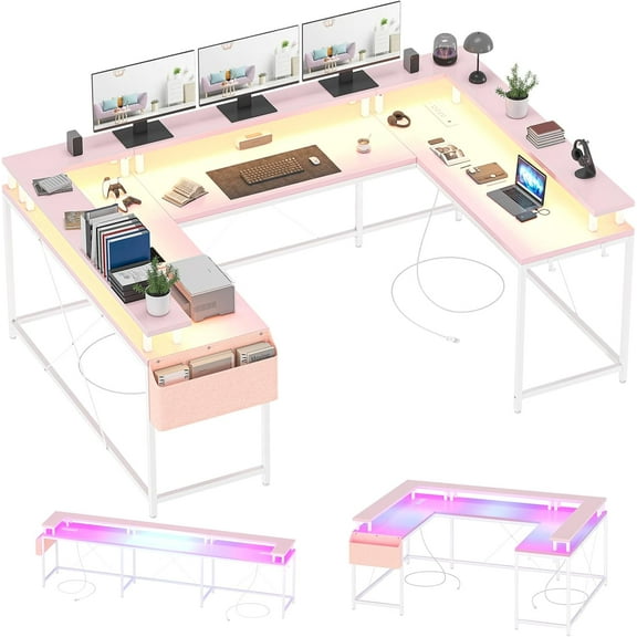 U Shaped Home Office Desk, Reversible L Shaped Gaming Computer Desk with Power Outlets,126 Inch Computer Desk with Monitor Stand and LED Lights,Storage Shelves,Storage Bag and Hooks(Pink)