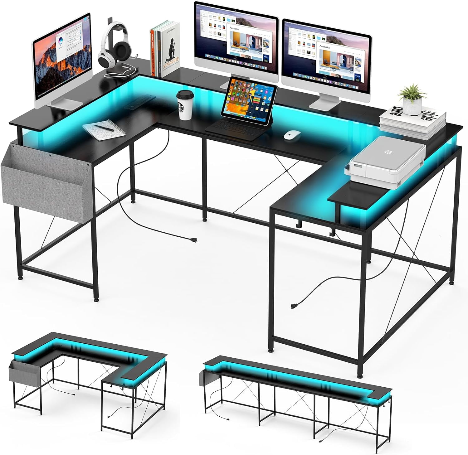 U Shaped Home Office Desk, Reversible L Shaped Gaming Computer Desk with Power Outlets,126 Inch Computer Desk with Monitor Stand and LED Lights,Storage Shelves,Storage Bag and Hooks（Black）