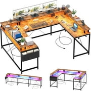 U Shaped Home Office Desk, Reversible L Shaped Gaming Computer Desk With Power Outlets,126 Inch Computer Desk With Monitor Stand and LED Lights,Storage Shelves,Storage Bag and Hooks Rustic Brown