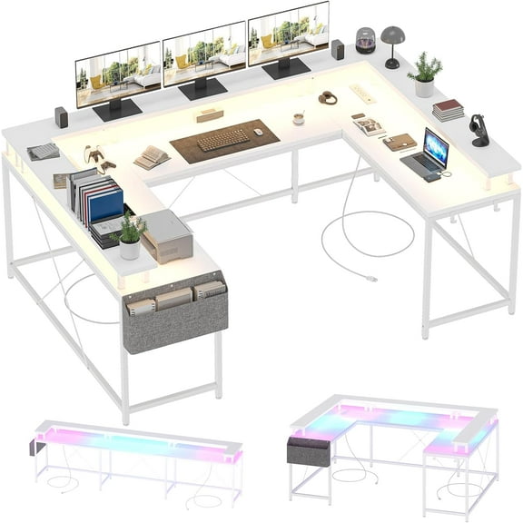 U Shaped Home Office Desk, Reversible L Shaped Gaming Computer Desk with Power Outlets,126 Inch Computer Desk with Monitor Stand and LED Lights,Storage Shelves,Storage Bag and Hooks（White）