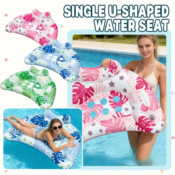 U-Shaped Inflatable Pool Floating Chair, Tropical Print Water Lounge Seat with Cup Holders, Heavy-Duty PVC Pool Float for Adults & Teens, 40"×29", 200 lbs Weight Capacity,B