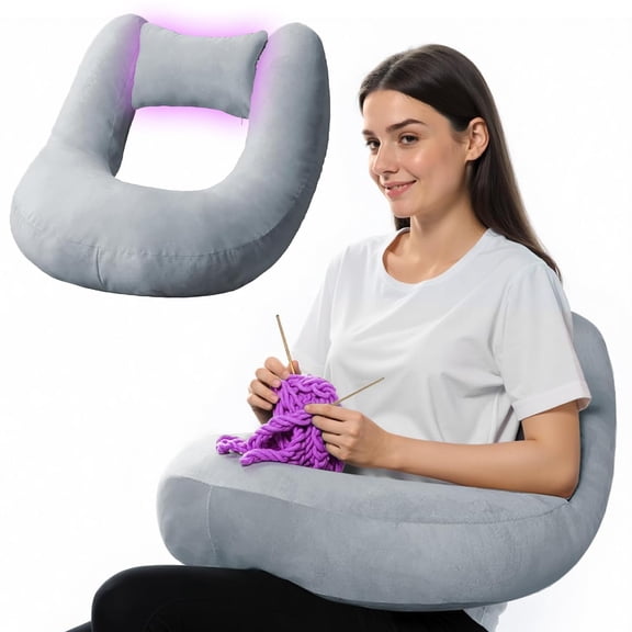 U-Shaped Lap Bed Rest Pillow Soft Grey For Crocheting, Reading, Gaming