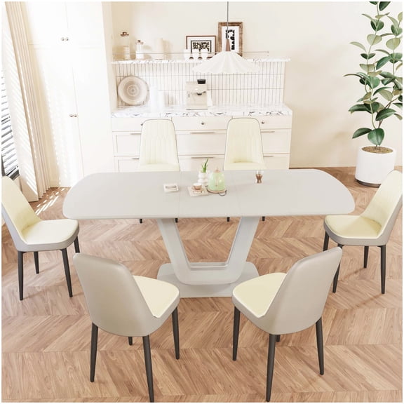 U-Shaped Leg Expandable Dining Table and 6 Chair Set, Faux Leather Padded Seats, Beige Grey Modern Kitchen Furniture for 2-8