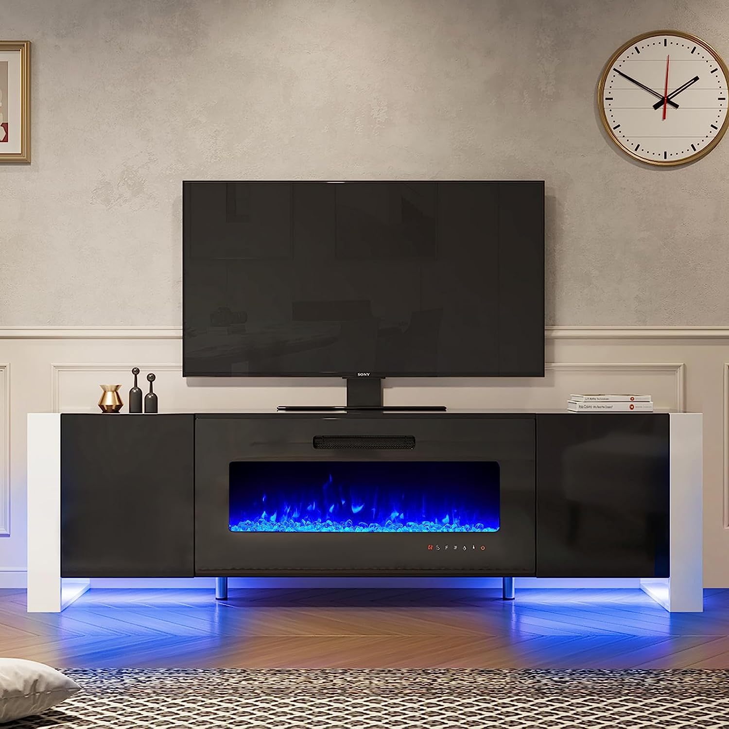 UShaped Legs 70" Fireplace TV Stand, Mirrored Finish Media Console