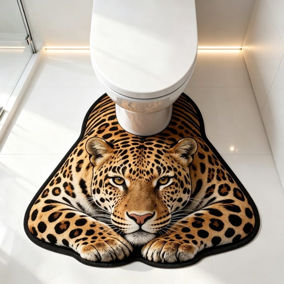 U Shaped Leopard Bathroom Rug Absorbent Non Toilet Base Floor Mat Washable Animal Decorative Contoured Bath Mat for Restroom Vanity 15.74x23.62Inch