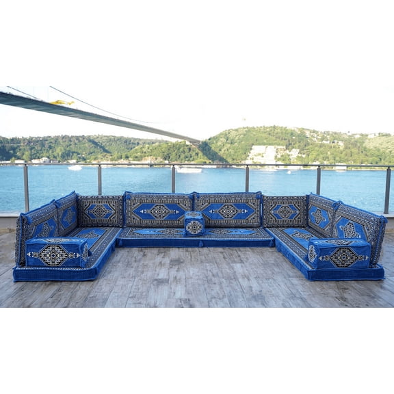 U Shaped Light Blue Floor Pillows, Sleeper Sofa, Arabic Sofa, Floor Cushions for Adults, Sofa Bed, Foldable Sofa Bed, Turkish sofa