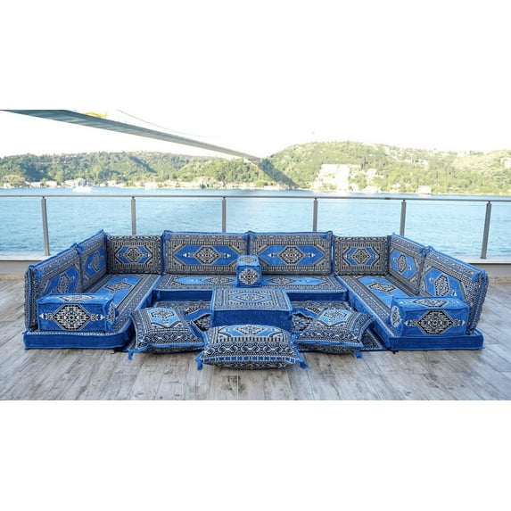 U Shaped Light Blue Floor Pillows, Sleeper Sofa, Arabic Sofa, Floor Cushions for Adults, Sofa Bed, Foldable Sofa Bed, Turkish sofa