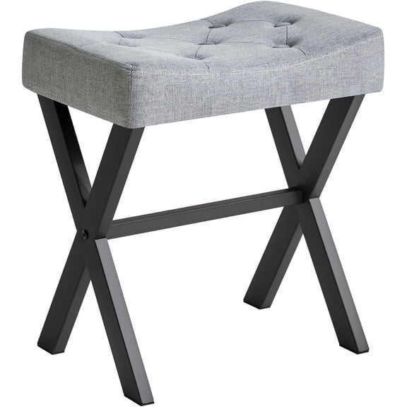 U-Shaped Linen Vanity Stool, Square Makeup Chair with X-Leg, Ottoman Seat Footrest Stool, Multi-Use as Small Side Table, for Bedroom, Living Room, Blue Gray