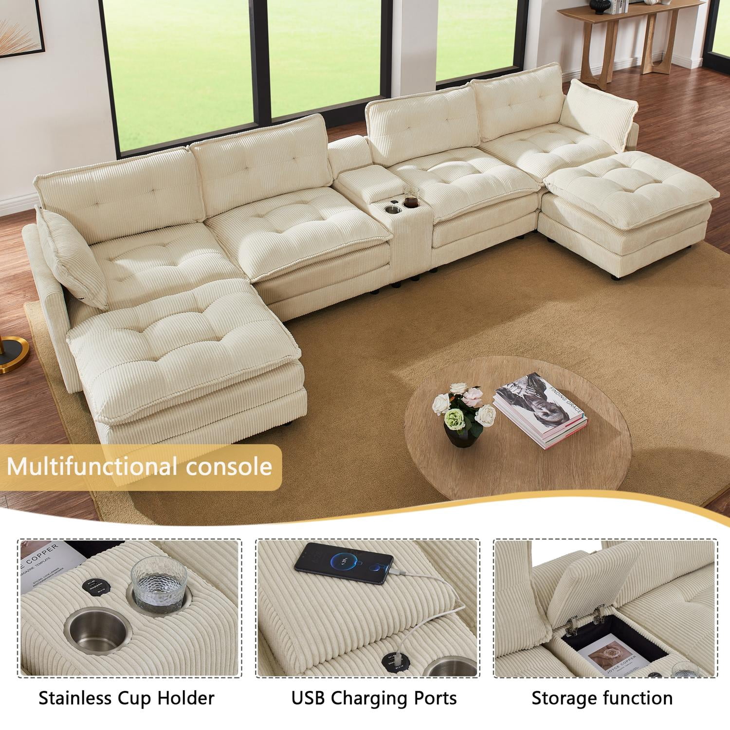 U-Shaped Modular Cloud Sectional Sofa with 2 Ottomans & Center Console, 6-Seater Corduroy Couch with USB Ports & Cup Holders, for Living Room, Beige