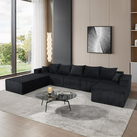 U Shaped Modular Sectional Sofa, 156" Large Convertible Couch with Oversized Chaise Lounge and Bed, No Assembly Needed, 8 Seates Boneless Couchs,Black