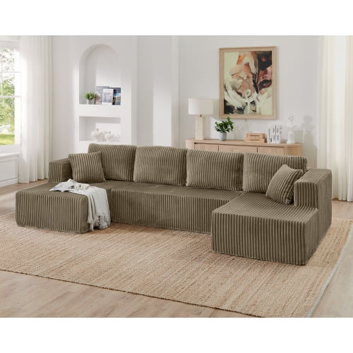 U-Shaped Modular Sectional Sofa, 5-Seat Corduroy Compressed Couch, No Assembly Deep Seat Sofa with Flexible Configuration, Modern Minimalist Sleeper Sofa for Living Room, Apartment, Bedroom, Grey