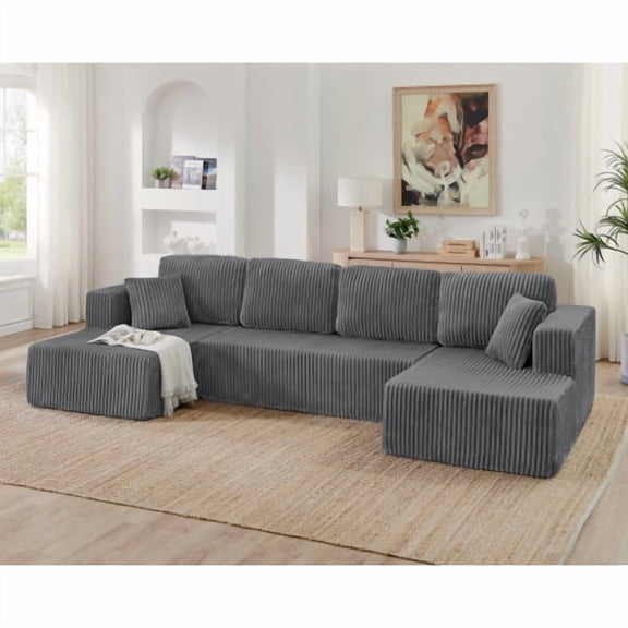 U-Shaped Modular Sectional Sofa, 5-Seat Corduroy Compressed Couch, No Assembly Deep Seat Sofa with Flexible Configuration, Modern Minimalist Sleeper Sofa for Living Room, Apartment, Bedroom, Grey