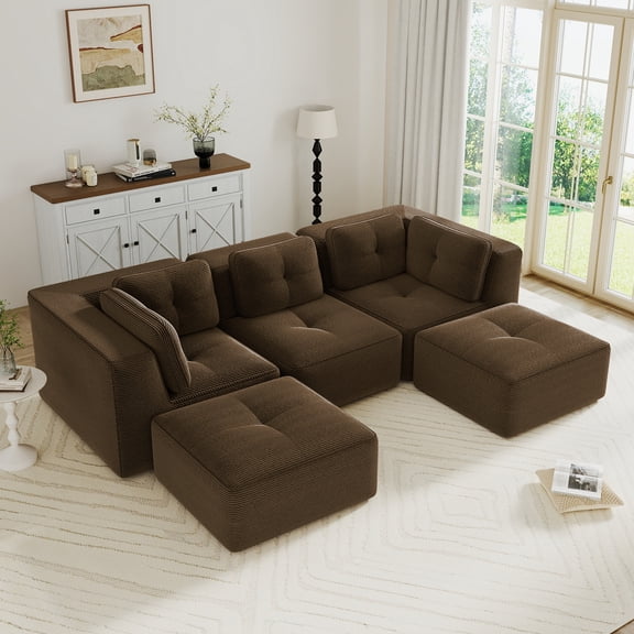 U-Shaped Modular Sectional Sofa, Corduroy Fabric 3-Seater Couch with Deep Seat & 2 Movable Ottomans, Tufted Design, No Assembly, Anti-Slip Base, Free Combination Living Room Furniture