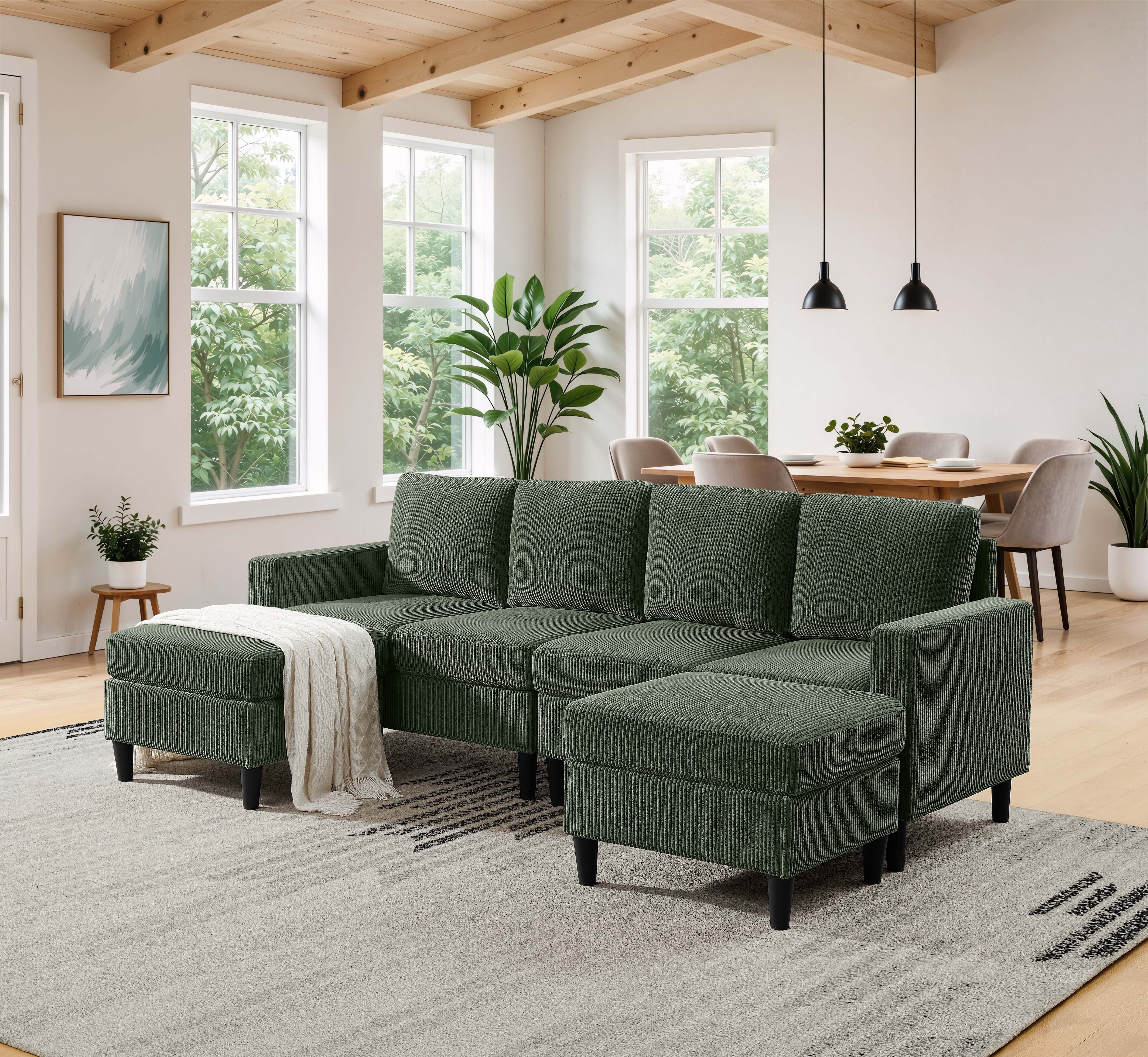 U-Shaped Modular Sectional Sofa Couch with Movable Ottomans,101" Cordory Upholstered 4 Seat Lounge Sleeper Couch for Living Room,Dark Green