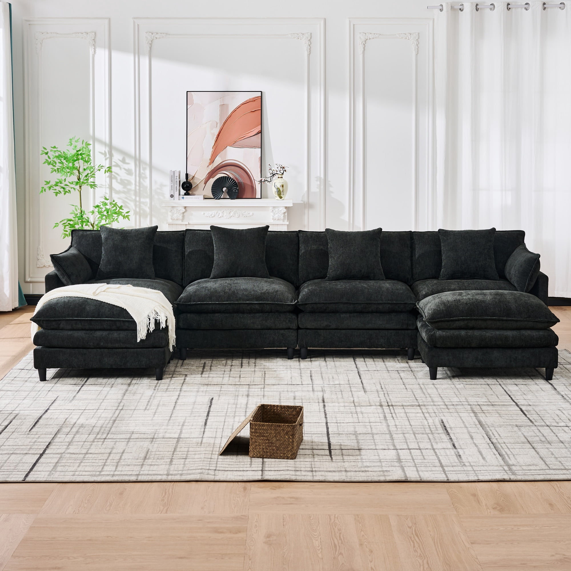 U-Shaped Modular Sectional Sofa with 2 Movable Ottomans and 6 Cushions, 140.9-Inch Soft Chenille Fabric Corner Couch for Living Room, Black