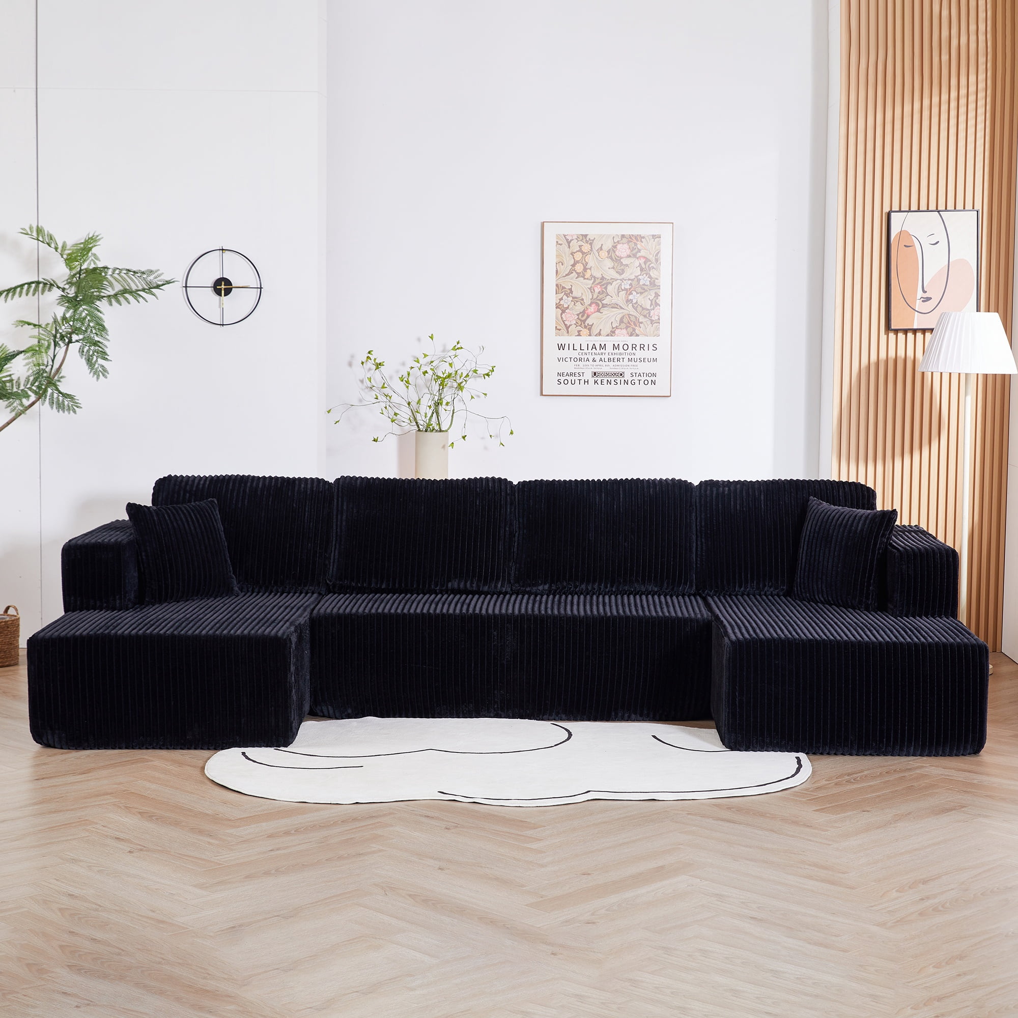 U-Shaped Modular Sectional Sofa with Chaise, Compressed Corduroy Sleeper Couch for Living Room and Bedroom, No Assembly Required, Black