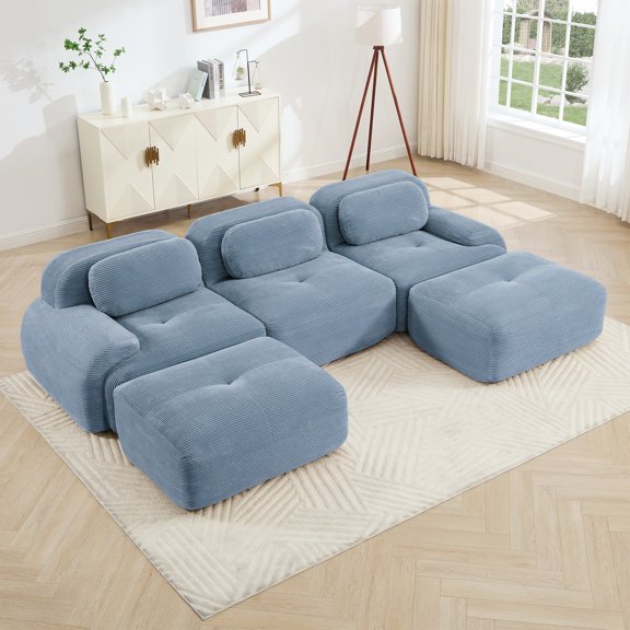 U-Shaped Modular Sofa Premiumcorduroy Fabric Fabric No Assembly Anti-Slip Design Pet-Friendly Extra-Wide Curved Armrests 32D High-Resilience Sponge for Living Rooms Bedrooms Studie (Blue)
