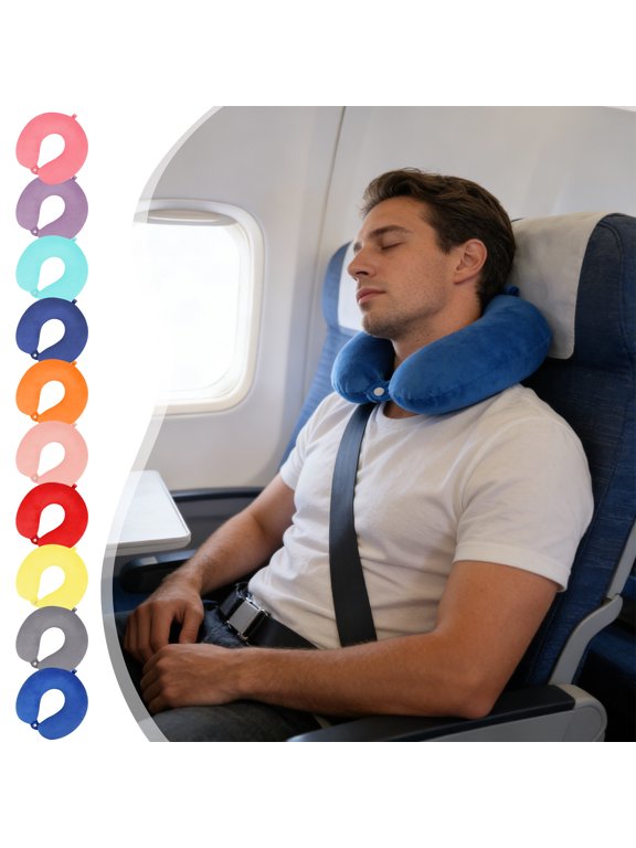 U-Shaped Neck Pillow for Travel & Office, Polyester Ergonomic Support with Snap Closure, 30x30x8cm in (Blue)