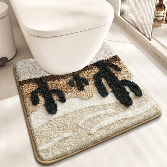 U-Shaped Non-Slip Toilet Mat for Bathroom, 22x20 Inch Desert Cactus Design Bath Rug with Soft Absorbent Microfiber, Machine Washable Beige Brown Floor Mat for Toilet Base