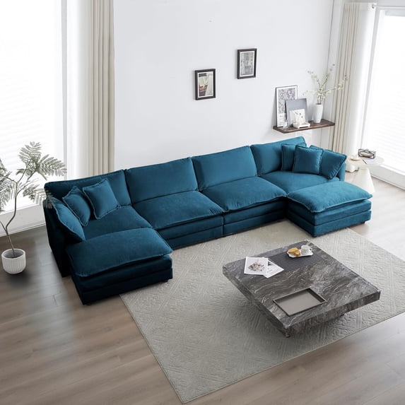 U-Shaped Oversized Sectional Sofa Modern Deep Seat Reversible Chaises Sofa&Couch with Movable Ottomans and 6 Pillows, Modular Sleeper Upholstered Couch for Living Room, Apartment, Studio, Office