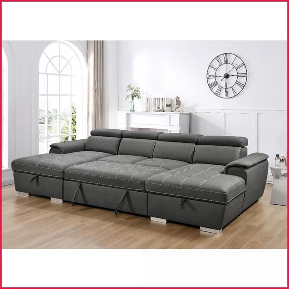 U-Shaped Oversized Sleeper Sofa 121” - Upholstered Solid Wood with Double Storage Chaise & Pillow Back | Charcoal Grey Living Room