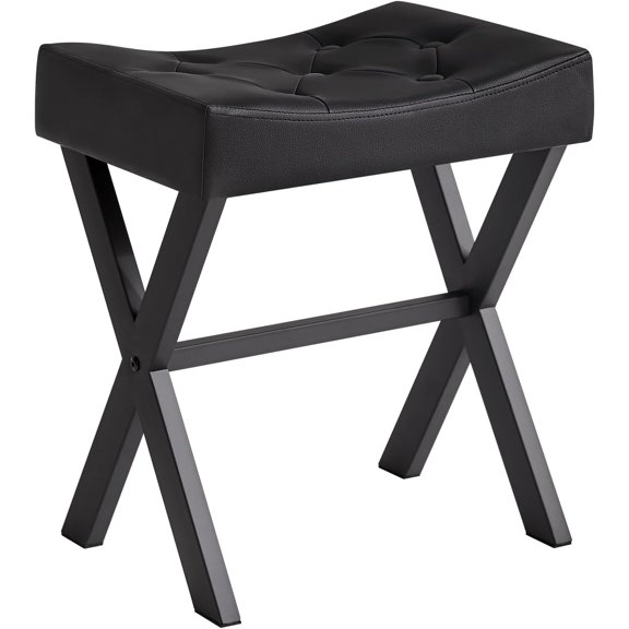 U-Shaped PU Vanity Stool, Square Makeup Chair with X-Leg, Ottoman Seat Footrest Stool, Multi-Use as Small Side Table, for Bedroom, Living Room, Black WBD019B