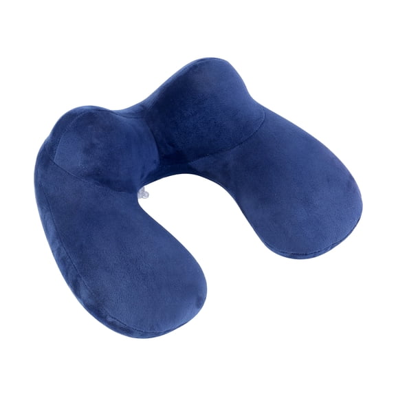 U-Shaped PVC Flocked Inflatable Travel Pillow Lightweight, Compact, Comfortable Neck Support for Airplane & Car Journeys - Soft Warm Texture, Elastic Design (31x31x14cm) Navy