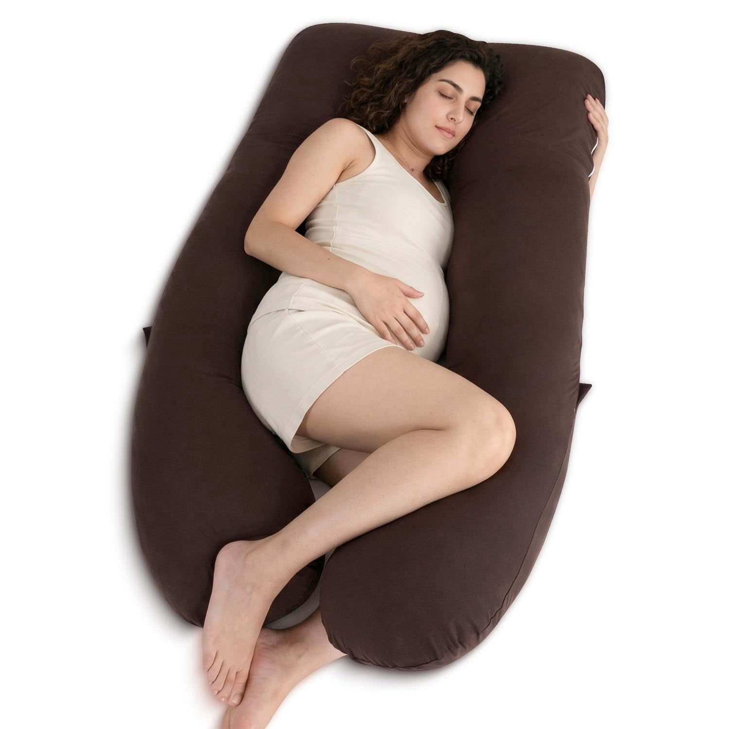 U Shaped Pillow  Breathable Cotton Full Body Support For Maternity Coffee