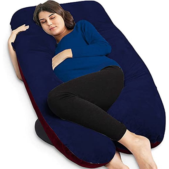 U Shaped Pillow, Pregnancy Pillow For Maternity & Baby Nursing - Dark Blue & Maroon | Pregnant Women Stomach, Spine, Neck Support, Velvet Outer Cover With Zip, Full Body Pillow, Adjustable