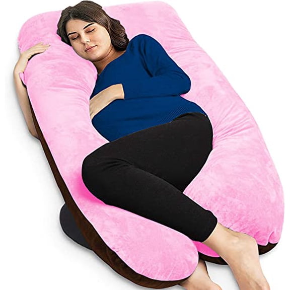 U Shaped Pillow, Pregnancy Pillow For Maternity & Baby Nursing - Pink & Brown | Pregnant Women Stomach, Spine, Neck Support, Velvet Outer Cover With Zip, Full Body Pillow, Adjustable Pillow