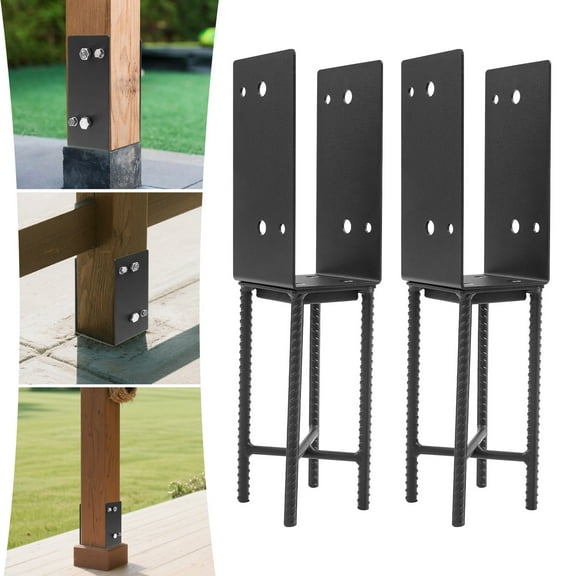 U Shaped Post Base 2 Piece, 4.21 x 3.94 x 15.75 in Metal Post Anchor, with 4 Long Threaded Rods for Concrete Ground Installation, for Building Outdoor Fence Deck Gazebo