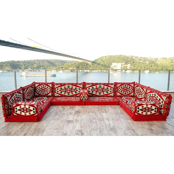 U Shaped Red Arabic Sofa, Turkish Sofa Set with Floor Cushions, Sleeper Couch, Diwan Sofa, Convertible Sofa, Floor Pillows Set