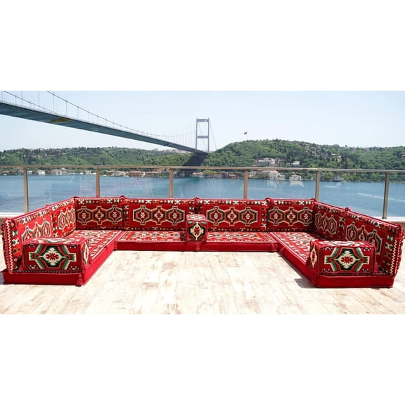 U Shaped Red Floor Couch, Arabic Majlis Floor Cushions, Turkish Sofa, Living Room Sofa Bed, Floor Seating for Adults, Convertible Sofa Bed