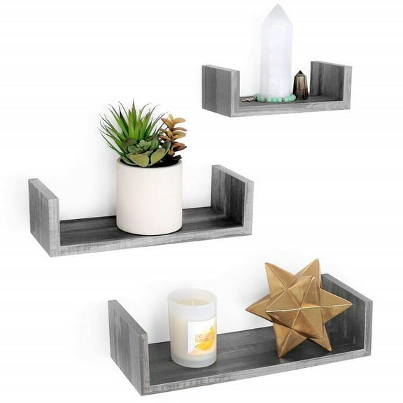 U Shaped Rustic Floating Wall Wooden Shelves - Set of 3 Grey