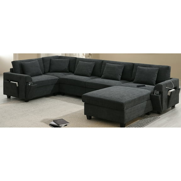 U Shaped Sectional For 6, Chenille Cover, , Hidden Armrest Storage, Cup Holders & Charging Dwelling 6 Sectional, With Movable Storage Ports Practical Home